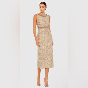 Mac Duggal Gold Embellished Sleeveless High Neck Midi Dress Size 10